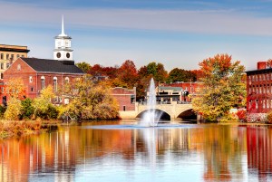 Autumn in New Hampshire town view of river.